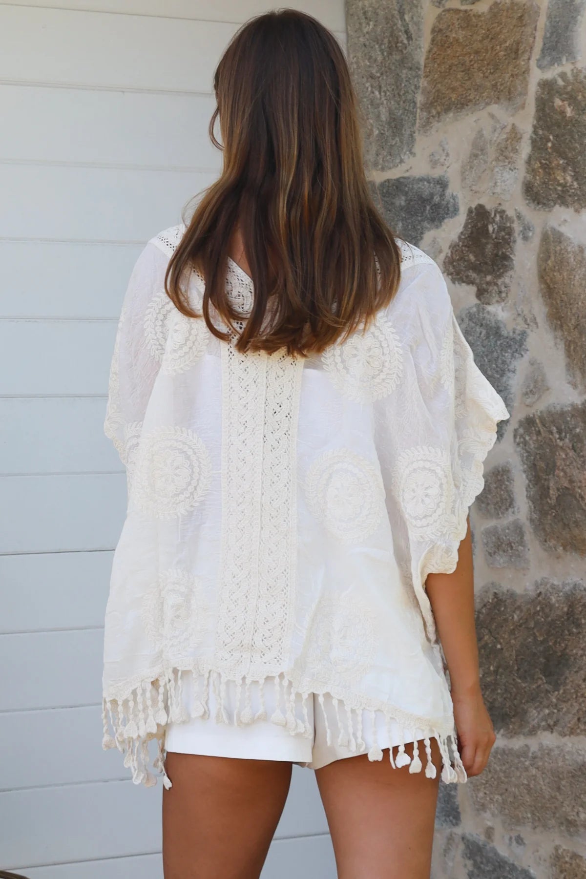 Essie Embroidered Cotton Kimono Top Cream boho embroidered cotton top with crochet detailing and relaxed kimono sleeves.