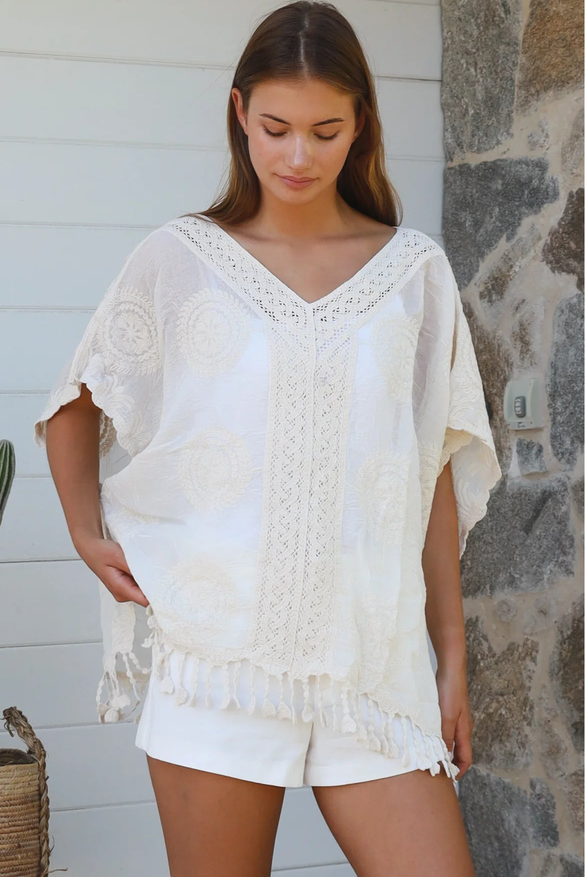 Essie Embroidered Cotton Kimono Top Cream boho embroidered cotton top with crochet detailing and relaxed kimono sleeves.