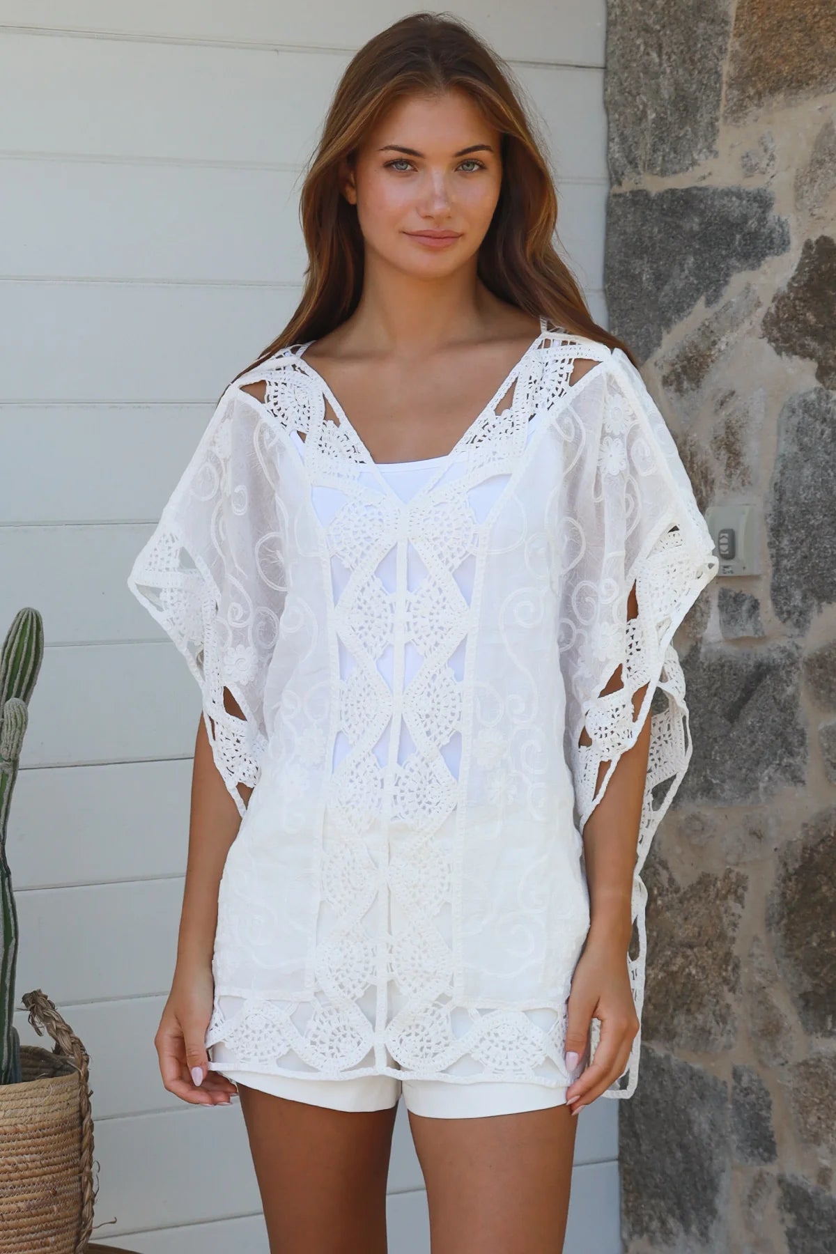 Inez white cotton crochet embroidered top — summer boho wardrobe, coastal styling, high-rotation lightweight warm-weather piece