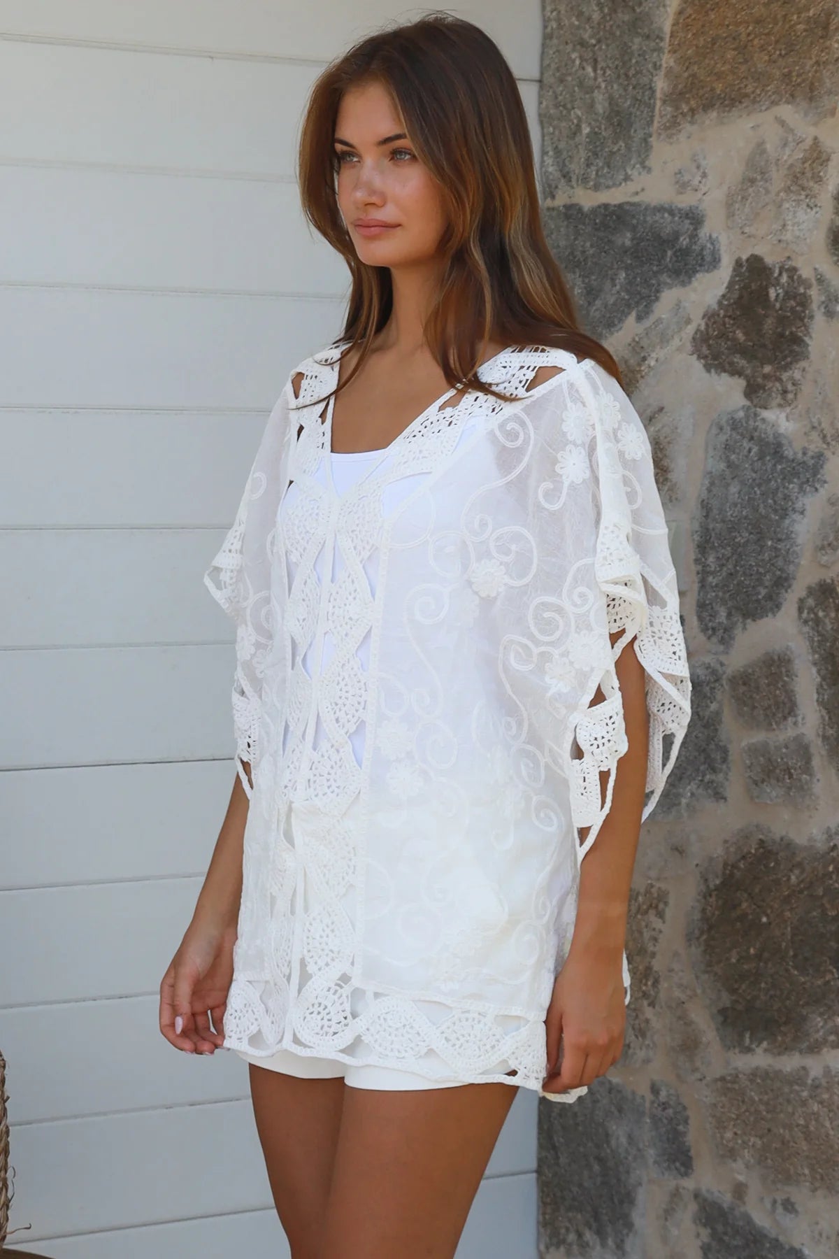Inez white cotton crochet embroidered top — summer boho wardrobe, coastal styling, high-rotation lightweight warm-weather piece