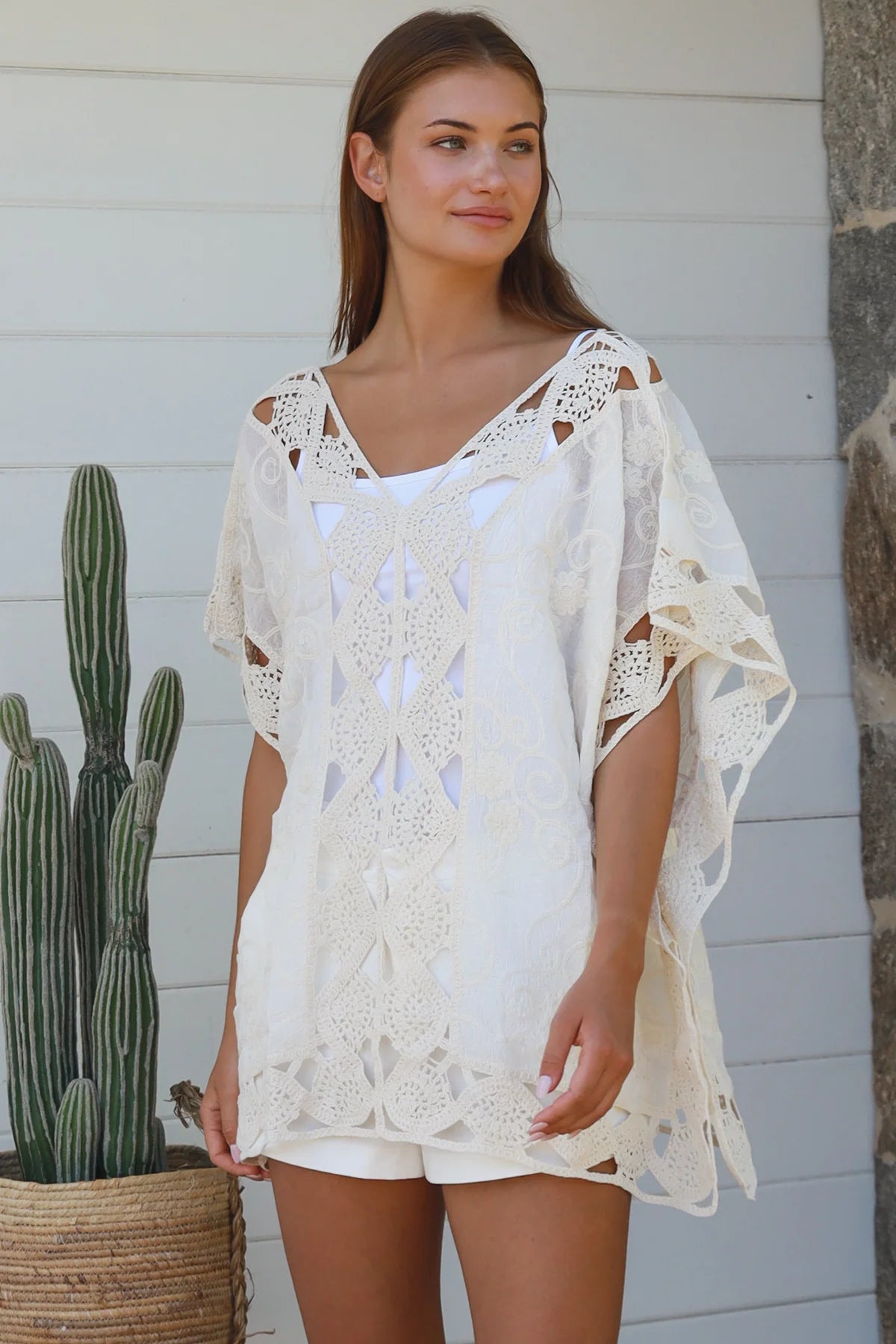 Cream crochet cotton top with embroidery scalloped hem Willow The Label boho clothing Australia
