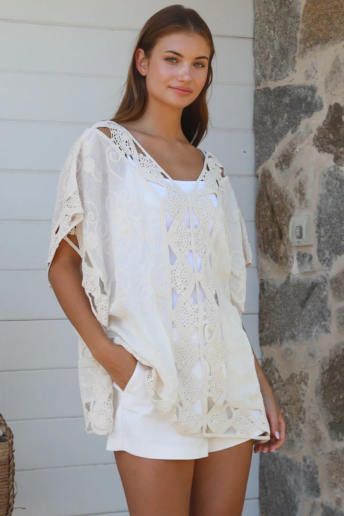 Cream crochet cotton top with embroidery scalloped hem Willow The Label boho clothing Australia
