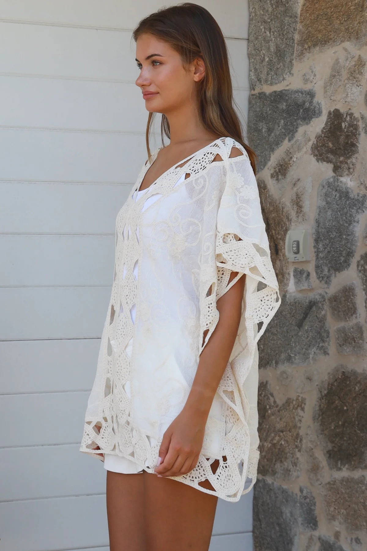 Cream crochet cotton top with embroidery scalloped hem Willow The Label boho clothing Australia