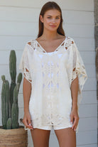 Cream crochet cotton top with embroidery scalloped hem Willow The Label boho clothing Australia