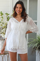 White cotton embroidered blouse with V-neck and scalloped edges – women’s tops Australia summer style