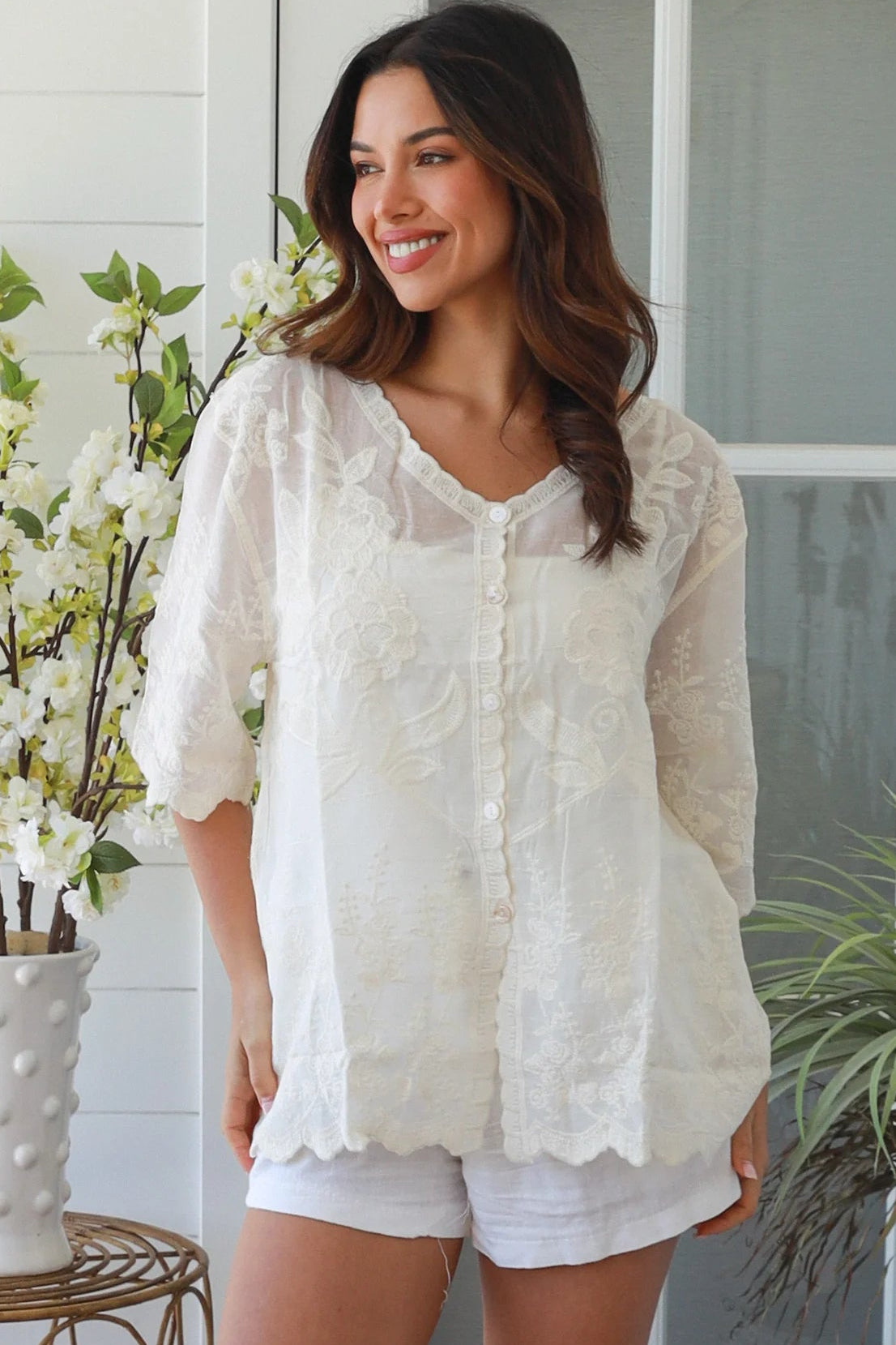 Madison embroidered cotton blouse cream with floral embroidery scalloped sleeves v-neck breathable bohemian top