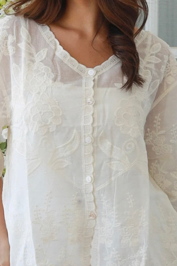 Madison embroidered cotton blouse cream with floral embroidery scalloped sleeves v-neck breathable bohemian top