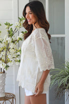 Madison embroidered cotton blouse cream with floral embroidery scalloped sleeves v-neck breathable bohemian top