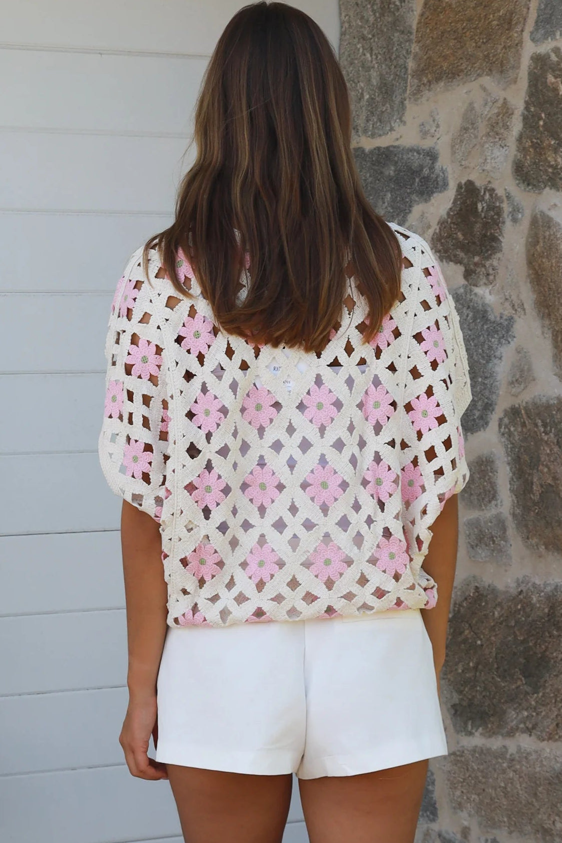Cream + pink cotton crochet boho top with daisy squares — relaxed summer layering piece Australia.