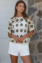 Khaki cotton crochet top with floral detail styled for modern boho elegance — Willow The Label at Bohemian Love Runway