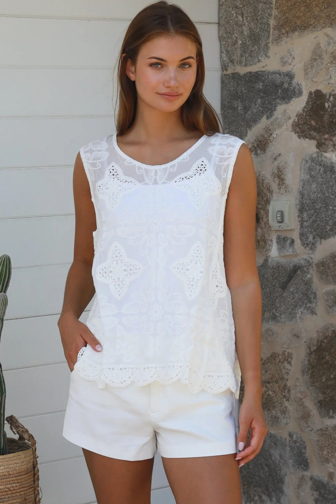 White embroidered 100% cotton crochet top with fine crochet panels and scalloped lace hem by Willow the Label