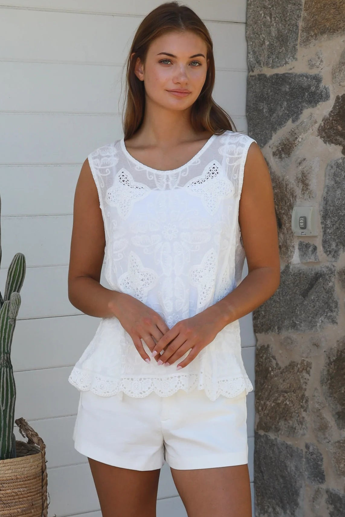 White embroidered 100% cotton crochet top with fine crochet panels and scalloped lace hem by Willow the Label