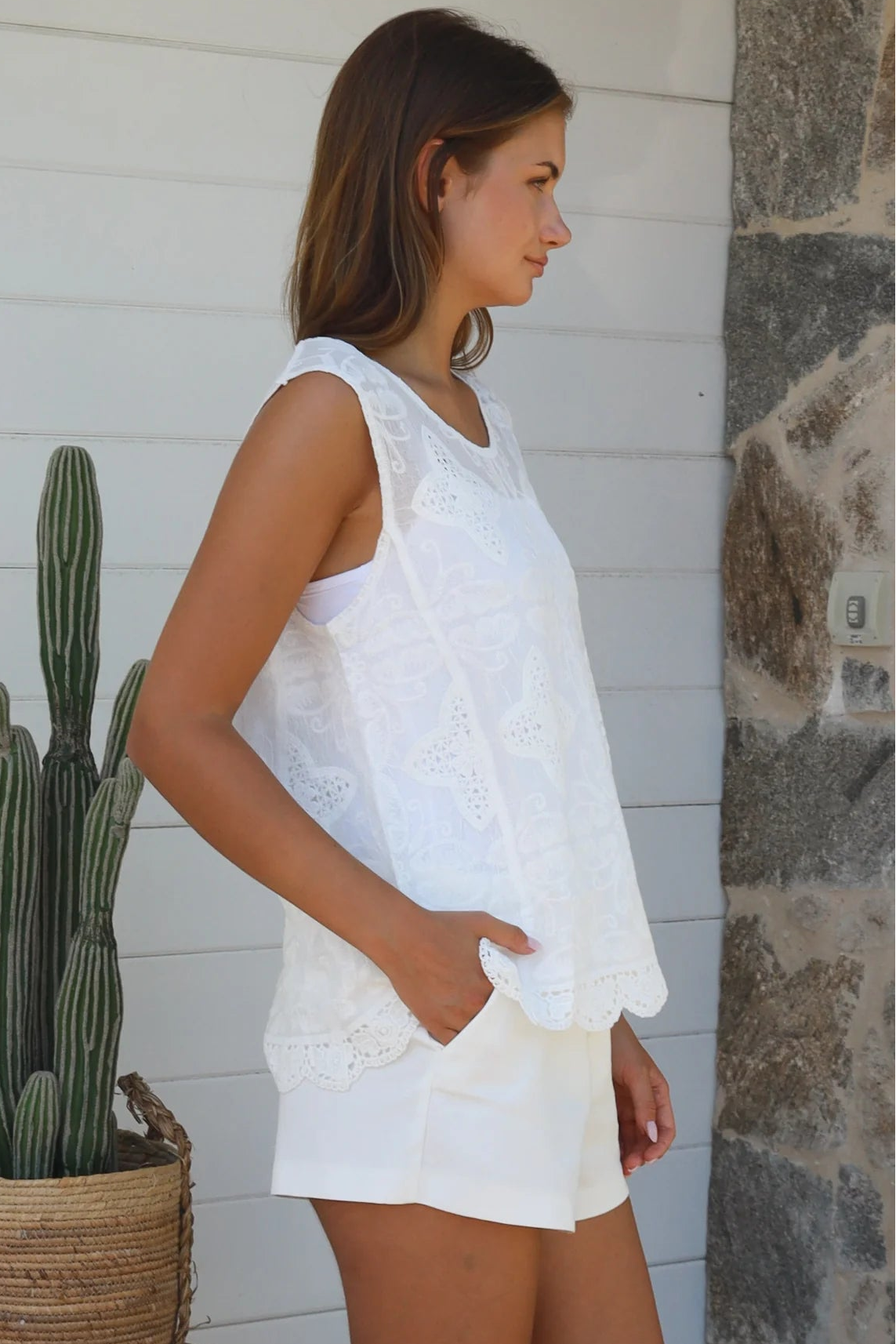 White embroidered 100% cotton crochet top with fine crochet panels and scalloped lace hem by Willow the Label