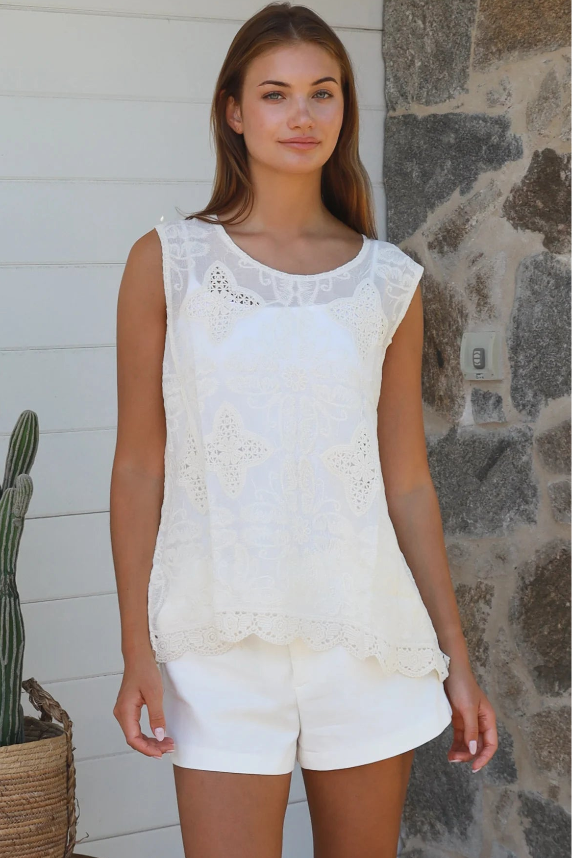 Cream embroidered cotton crochet sleeveless top with full lace hem by Willow the Label