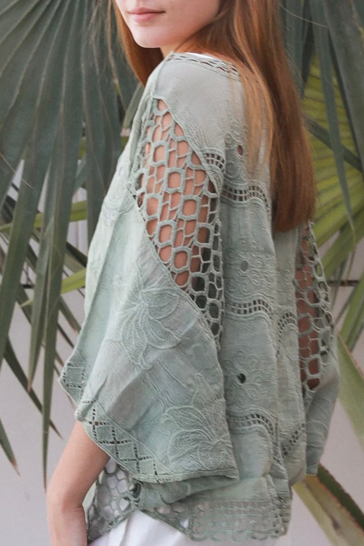 Lucy Sage embroidered cotton crochet top in sage by Willow the Label
