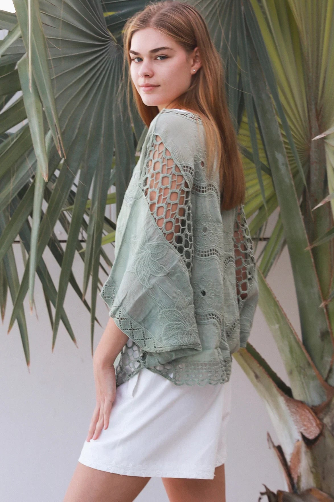 Lucy Sage embroidered cotton crochet top in sage by Willow the Label