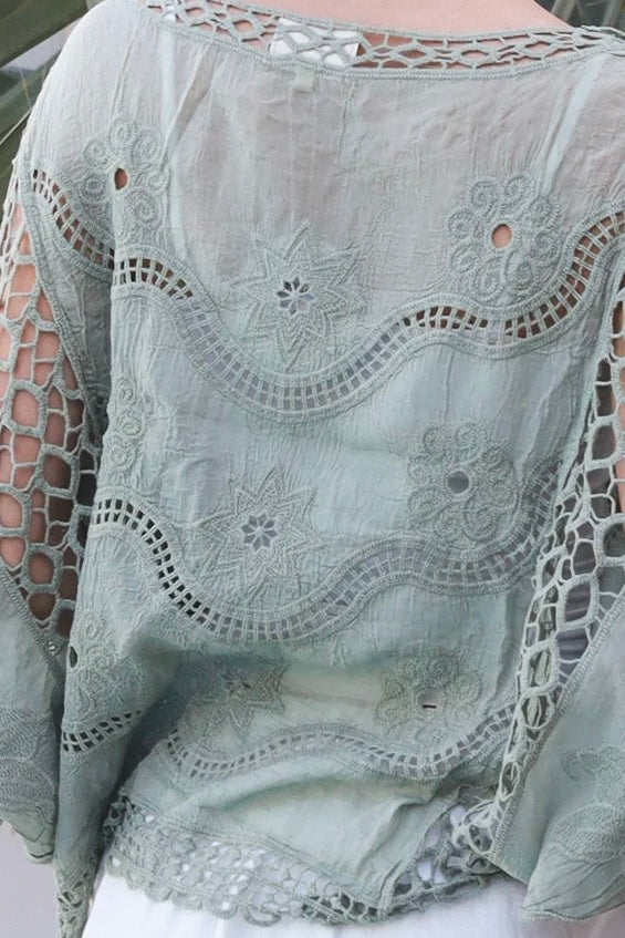 Lucy Sage embroidered cotton crochet top in sage by Willow the Label