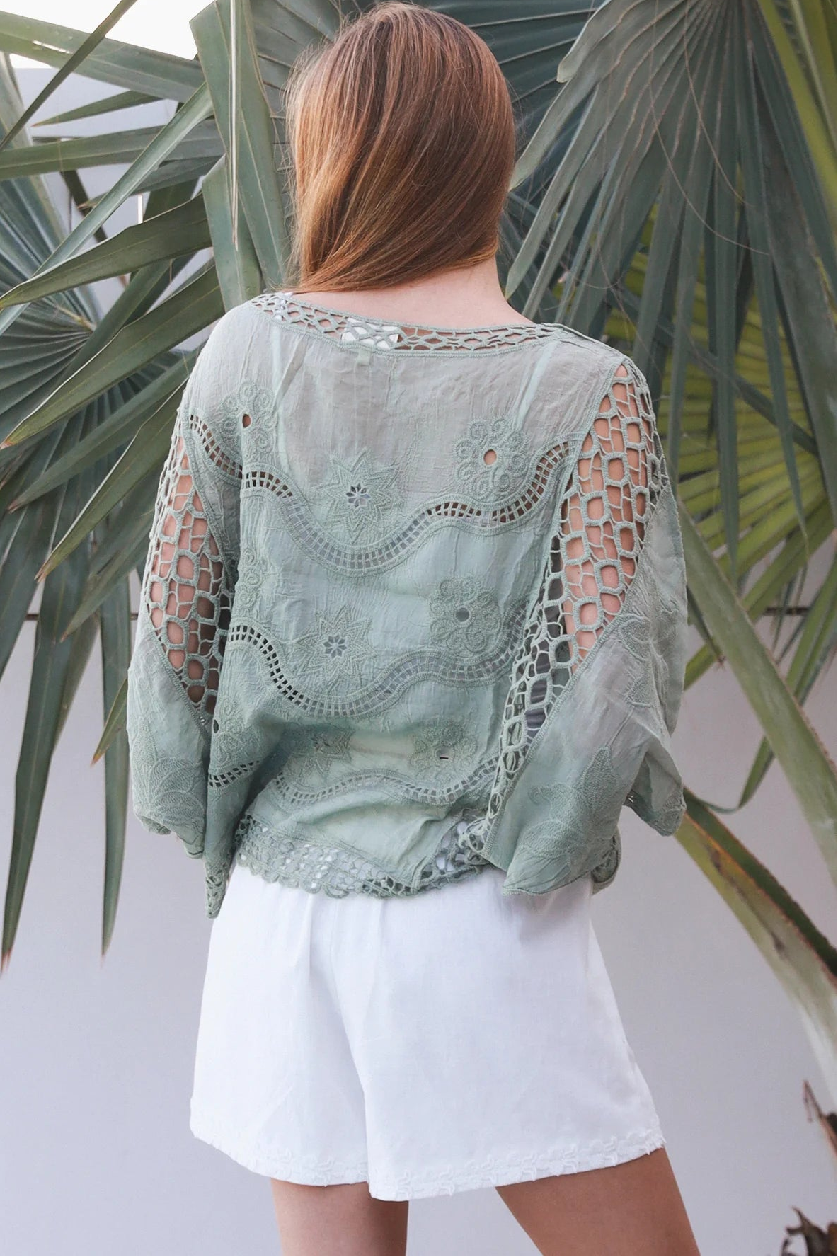 Lucy Sage embroidered cotton crochet top in sage by Willow the Label