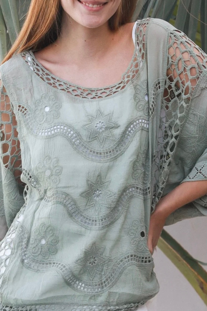 Lucy Sage embroidered cotton crochet top in sage by Willow the Label