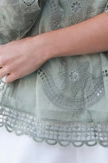 Lucy Sage embroidered cotton crochet top in sage by Willow the Label