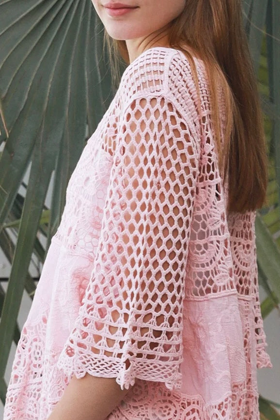 Rose embroidered cotton crochet boho blouse in blush by Willow the Label with floral embroidery, V-neck and scalloped crochet detailing.