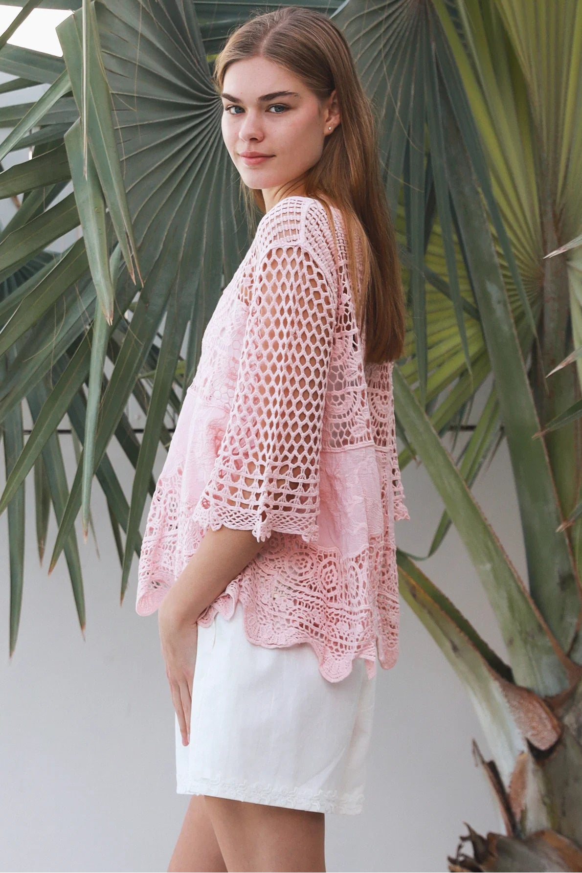 Rose embroidered cotton crochet boho blouse in blush by Willow the Label with floral embroidery, V-neck and scalloped crochet detailing.