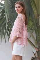 Rose embroidered cotton crochet boho blouse in blush by Willow the Label with floral embroidery, V-neck and scalloped crochet detailing.