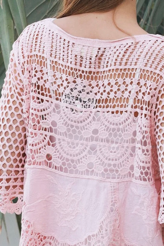 Rose embroidered cotton crochet boho blouse in blush by Willow the Label with floral embroidery, V-neck and scalloped crochet detailing.