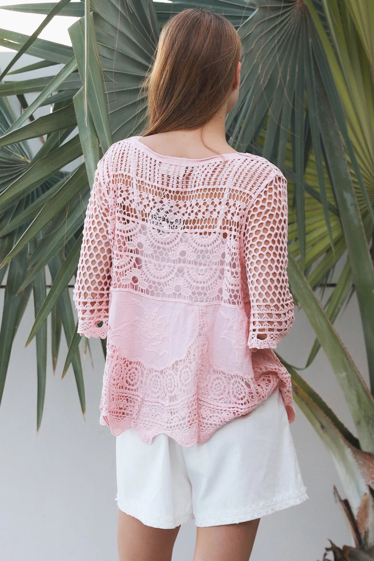 Rose embroidered cotton crochet boho blouse in blush by Willow the Label with floral embroidery, V-neck and scalloped crochet detailing.