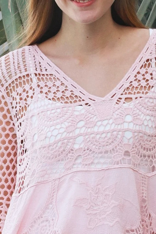 Rose embroidered cotton crochet boho blouse in blush by Willow the Label with floral embroidery, V-neck and scalloped crochet detailing.