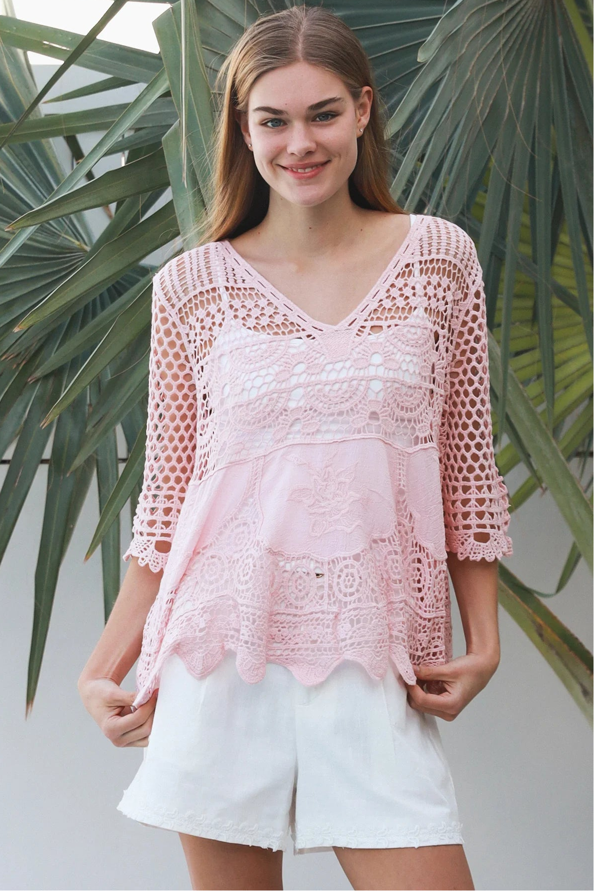 Rose embroidered cotton crochet boho blouse in blush by Willow the Label with floral embroidery, V-neck and scalloped crochet detailing.