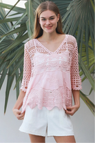 Rose embroidered cotton crochet boho blouse in blush by Willow the Label with floral embroidery, V-neck and scalloped crochet detailing.
