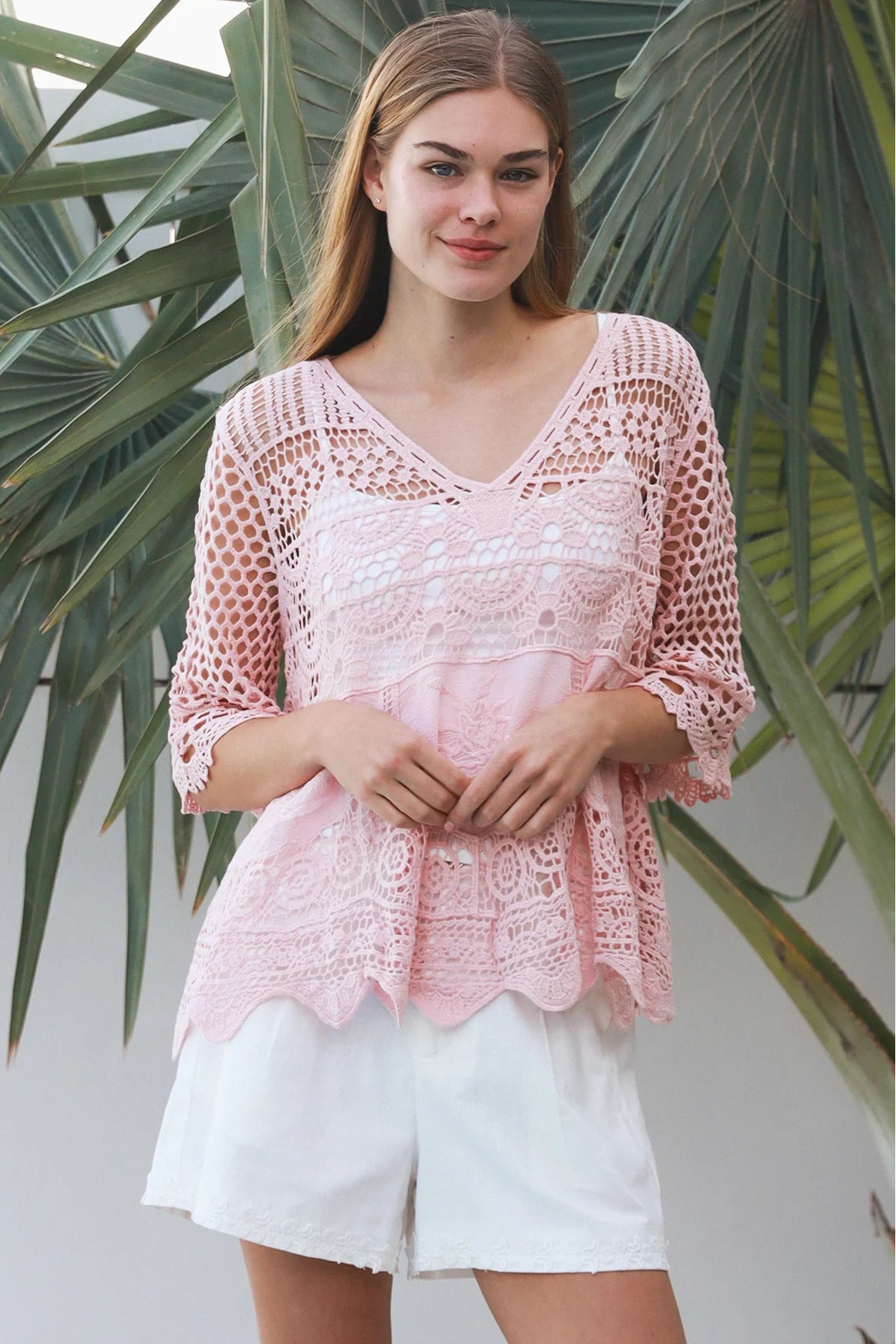 Rose embroidered cotton crochet boho blouse in blush by Willow the Label with floral embroidery, V-neck and scalloped crochet detailing.