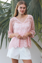 Rose embroidered cotton crochet boho blouse in blush by Willow the Label with floral embroidery, V-neck and scalloped crochet detailing.