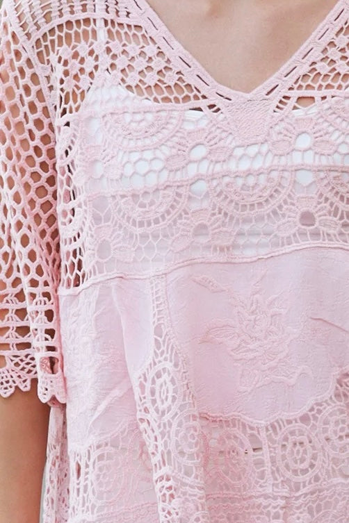 Rose embroidered cotton crochet boho blouse in blush by Willow the Label with floral embroidery, V-neck and scalloped crochet detailing.