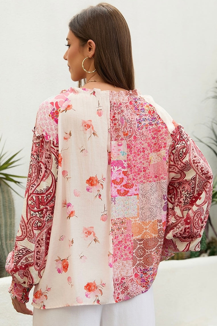 Boho woman in Sweet Dreams Fleur Blouse with patchwork florals and balloon sleeves - Bohemian Tops Australia Bohemian Love Runway.