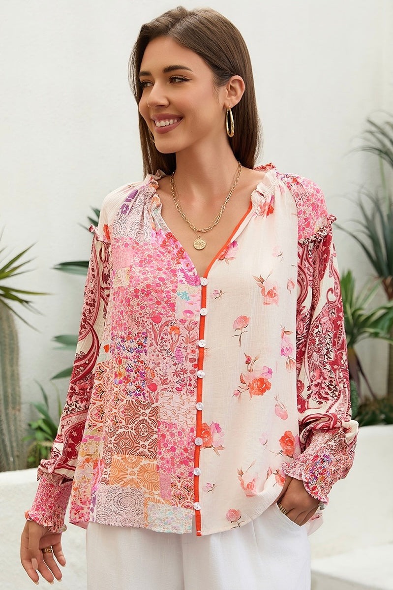 Boho woman in Sweet Dreams Fleur Blouse with patchwork florals and balloon sleeves - Bohemian Tops Australia Bohemian Love Runway.
