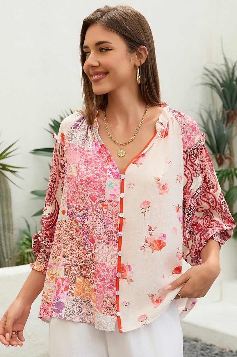 Boho woman in Sweet Dreams Fleur Blouse with patchwork florals and balloon sleeves - Bohemian Tops Australia Bohemian Love Runway.