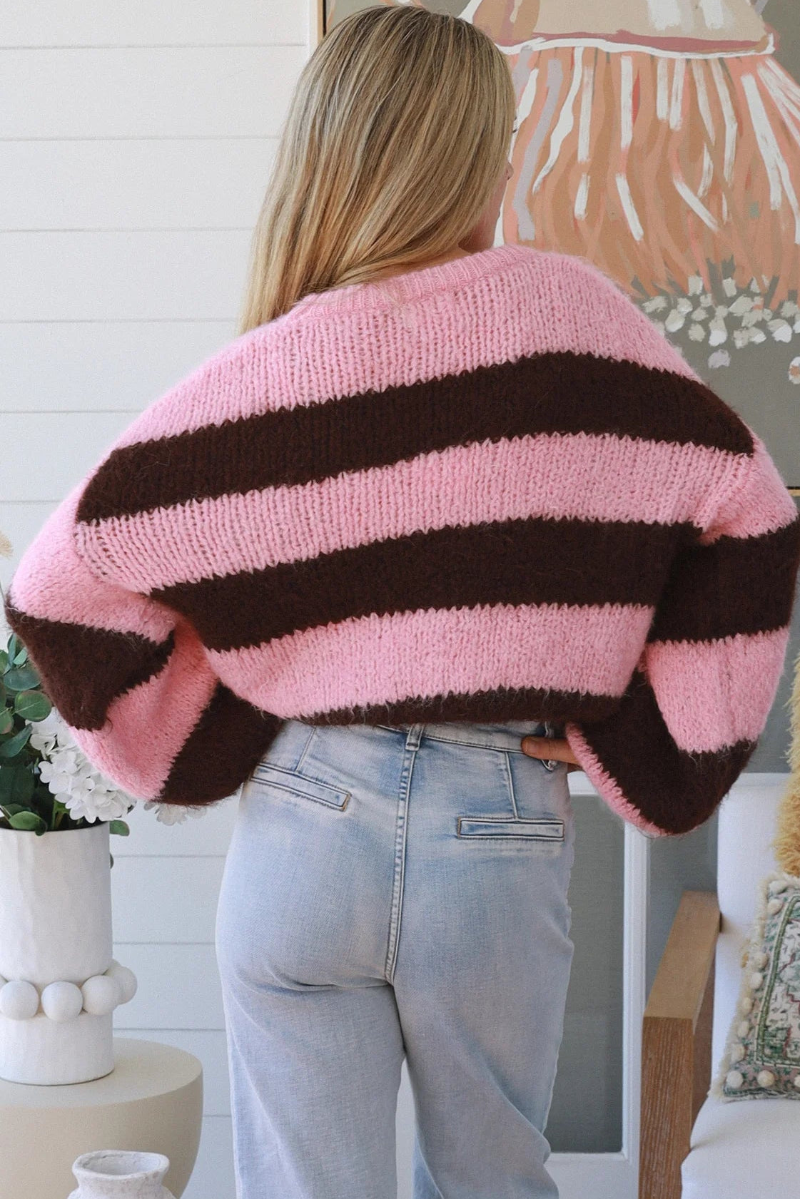 Pink chocolate striped chunky knit jumper round neckline drop shoulder balloon sleeve ribbed hem hip length winter knit Australia