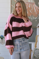 Pink chocolate striped chunky knit jumper round neckline drop shoulder balloon sleeve ribbed hem hip length winter knit Australia