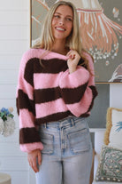 Pink chocolate striped chunky knit jumper round neckline drop shoulder balloon sleeve ribbed hem hip length winter knit Australia