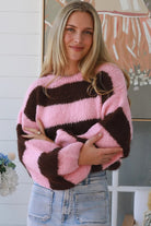 Pink chocolate striped chunky knit jumper round neckline drop shoulder balloon sleeve ribbed hem hip length winter knit Australia