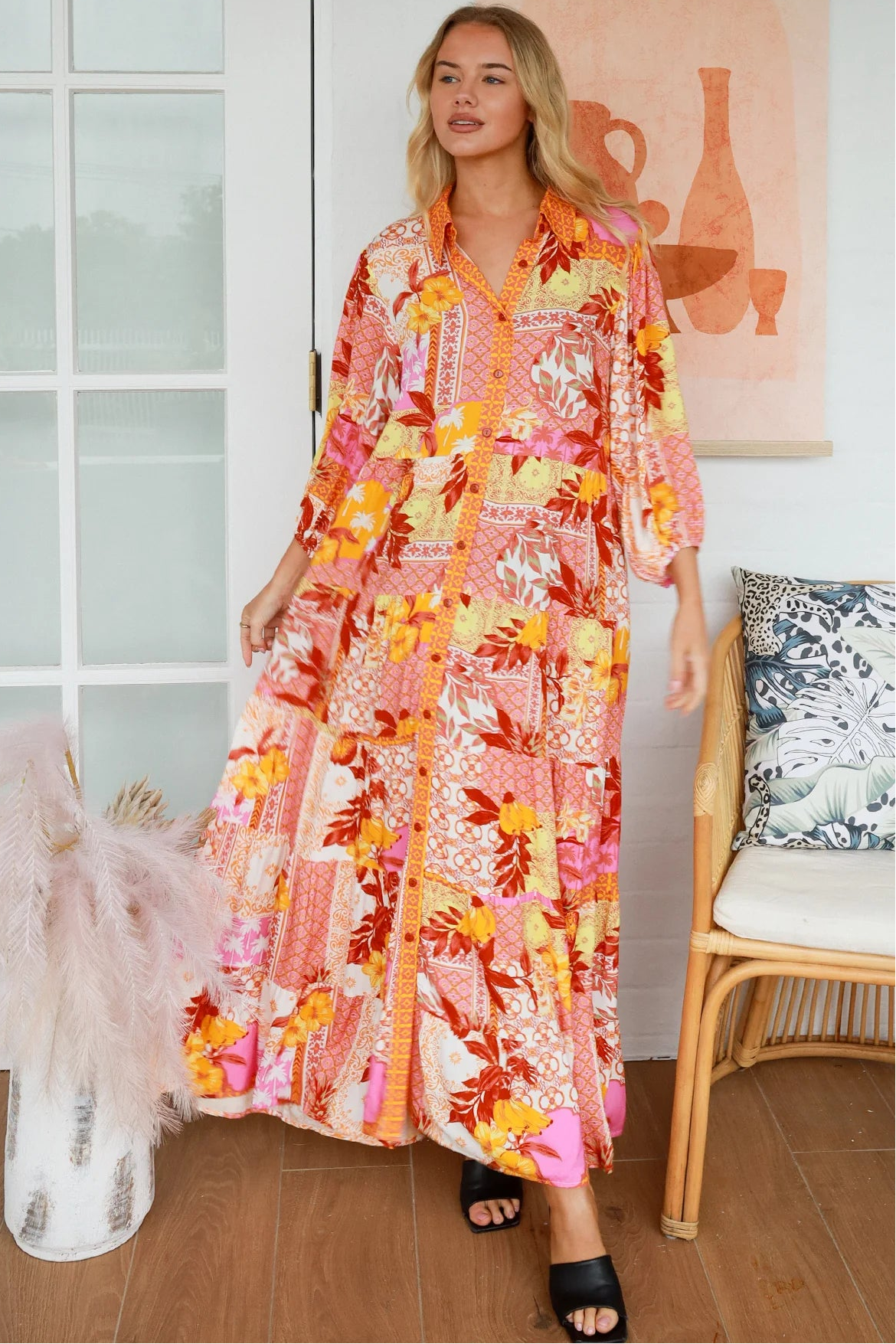 Jacqueline Floral Maxi Dress by Salty Palm in coral pink patchwork floral print with sash, pockets and button-through front