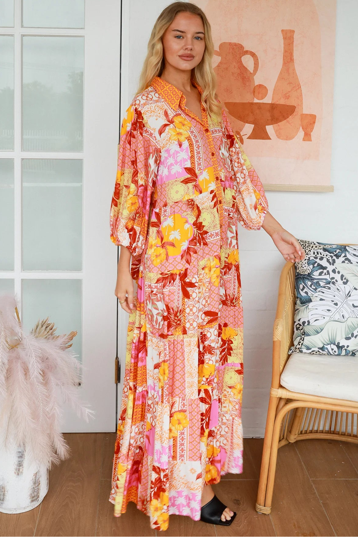 Jacqueline Floral Maxi Dress by Salty Palm in coral pink patchwork floral print with sash, pockets and button-through front