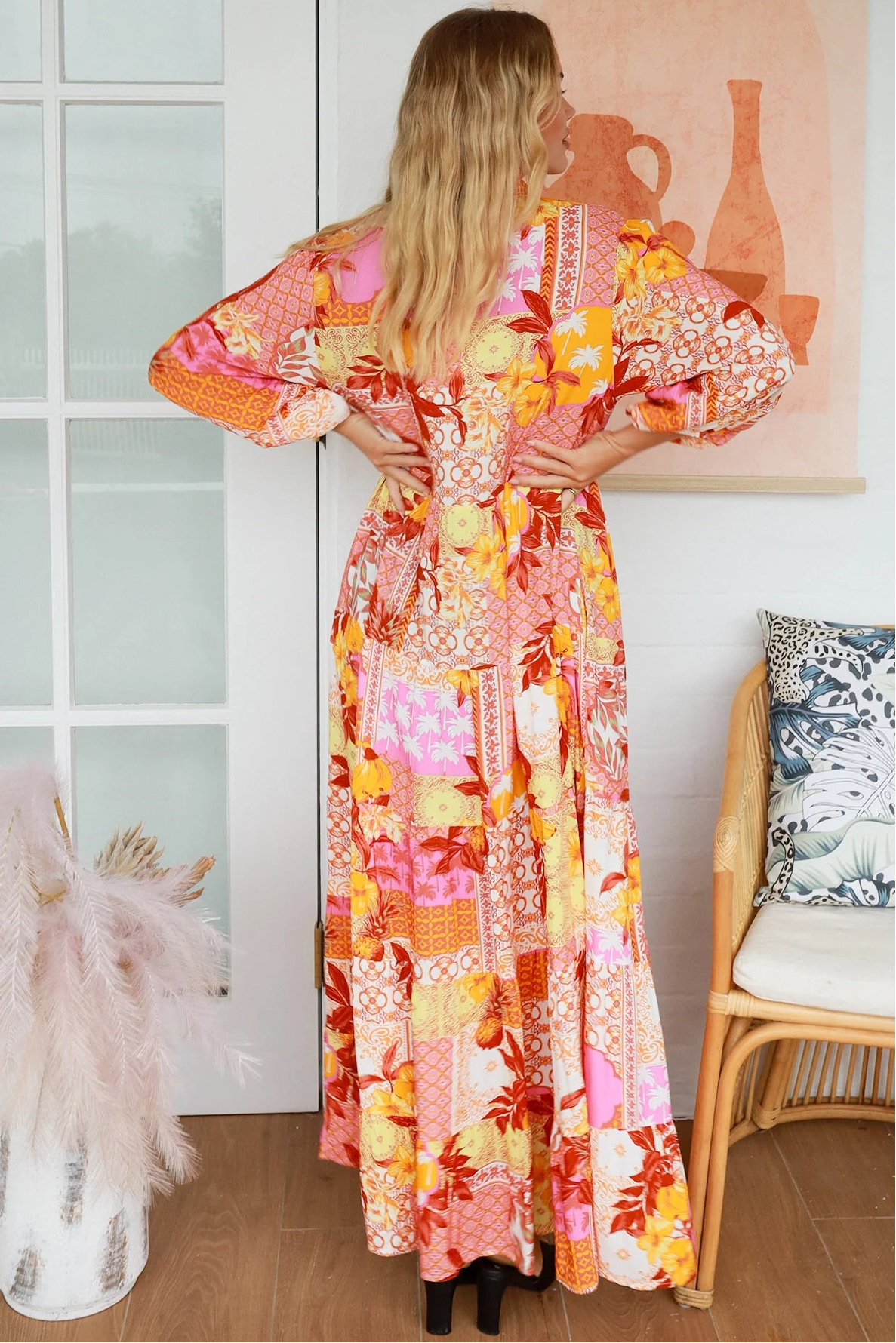 Jacqueline Floral Maxi Dress by Salty Palm in coral pink patchwork floral print with sash, pockets and button-through front