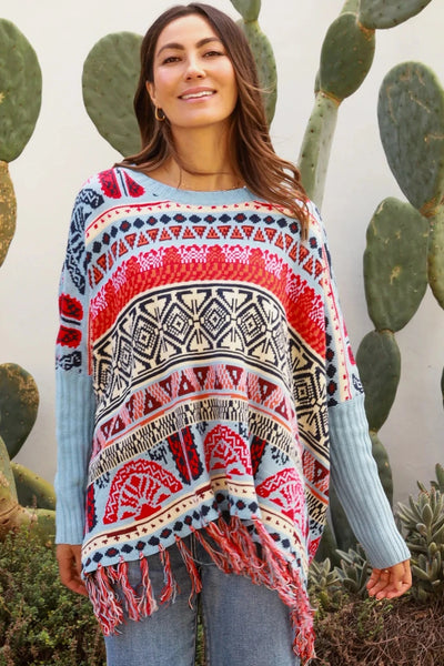 ISABELLA | ARIZONA WIDE KNIT FRINGE JUMPER BLUE | Bohemian Love Runway