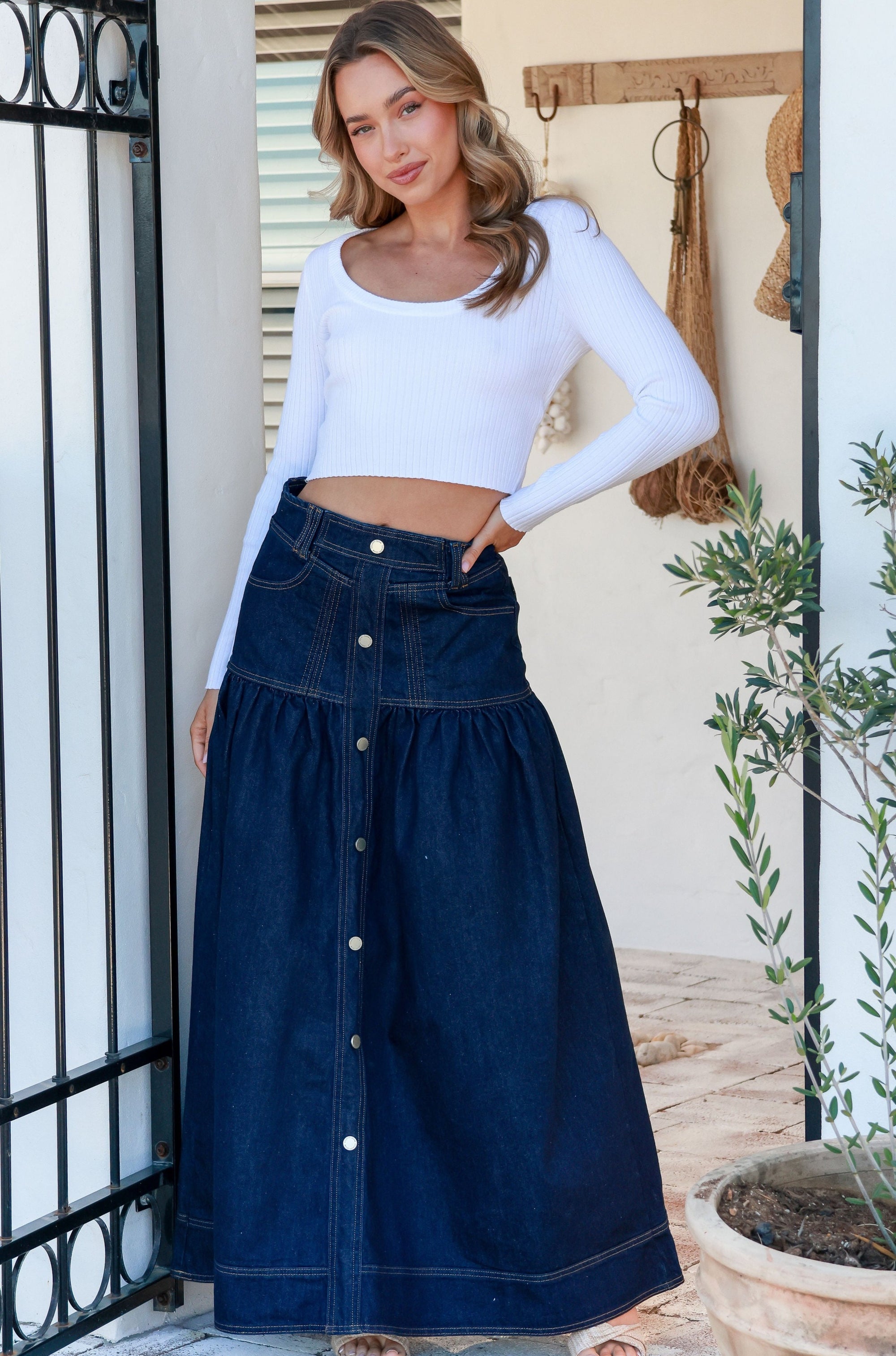Jessa Medium Wash Button Front Long Denim Skirt - FINAL SALE – Inherit Co.