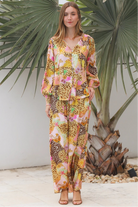 Vera Pant in rayon with patchwork animal and floral print, wide-leg boho pants with elastic waist, Australia