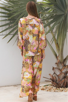 Vera Blouse in rayon with patchwork animal and floral print, V-neckline, blouson sleeves and lace shoulder detailing