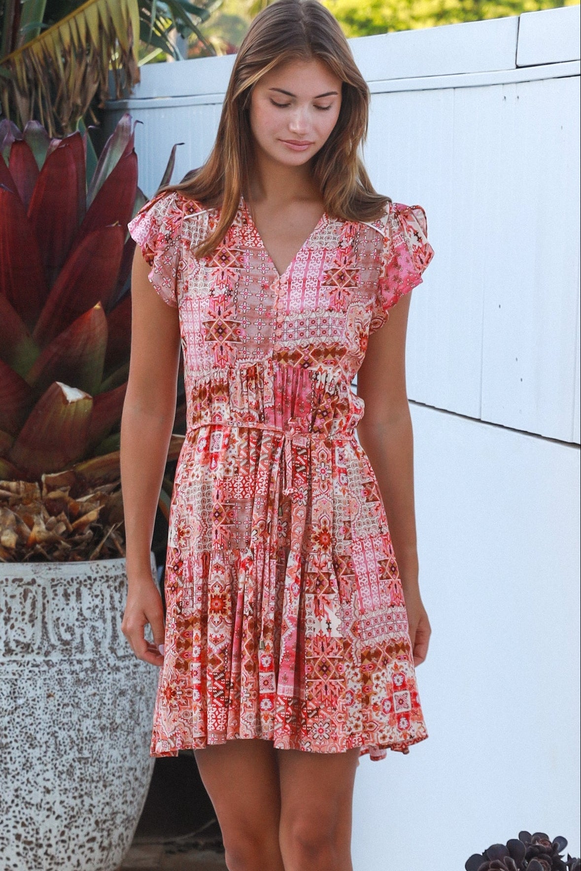 Camilla boho mini dress in rayon with button front empire waist flutter sleeves and tiered skirt Australian fashion